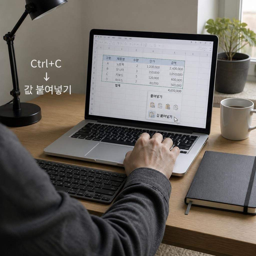 엑셀 수식 없애기, 복사하고 같은 자리에 값 붙여넣기