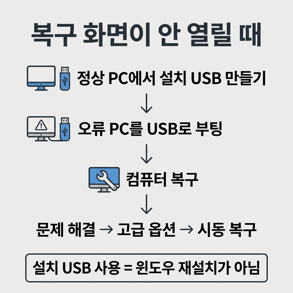 복구 화면이 안 열리면 설치 USB로 들어간다