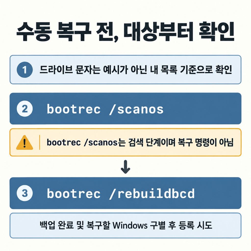 수동 복구는 백업과 대상 확인부터