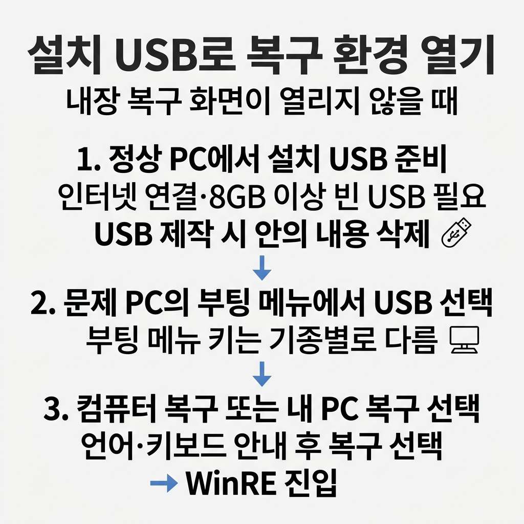 복구 화면이 안 열리면 설치 USB로 들어간다