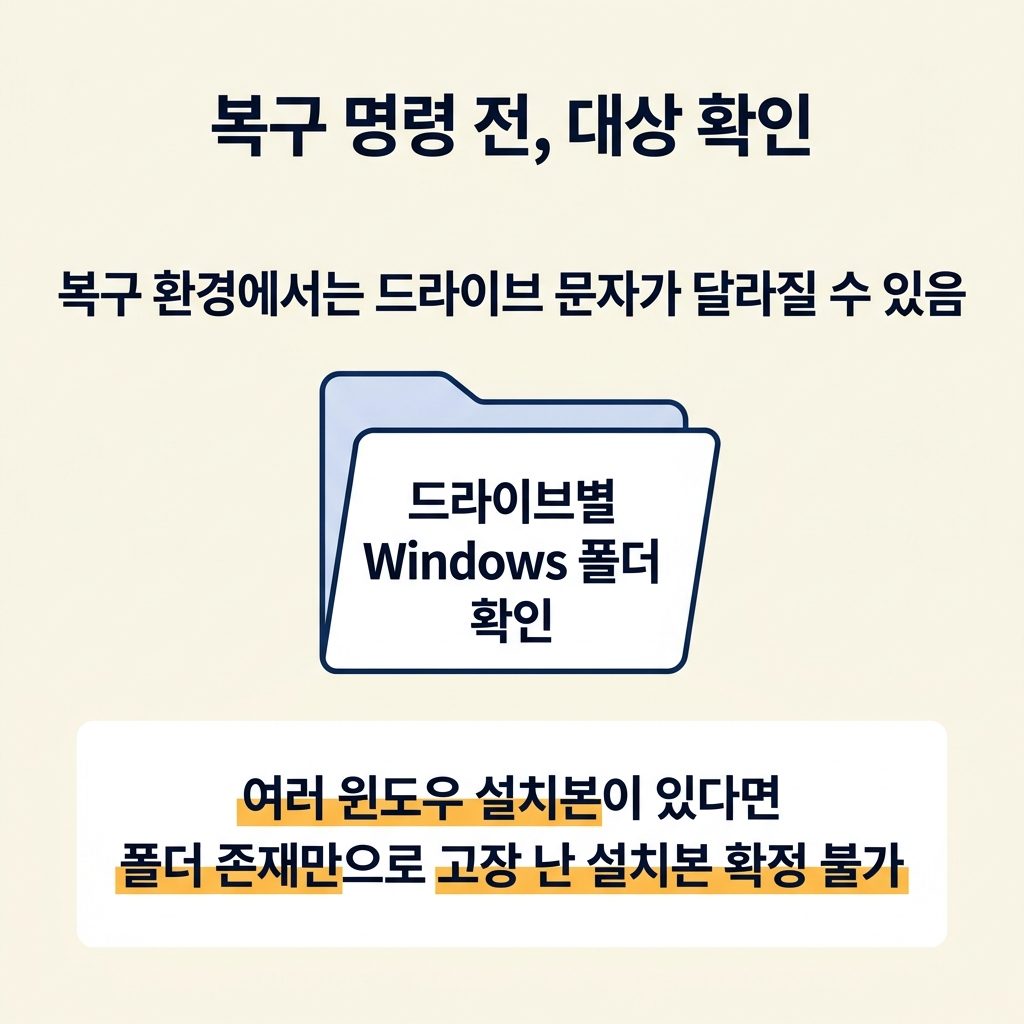 복구 명령은 윈도우가 있는 곳을 확인한 뒤에