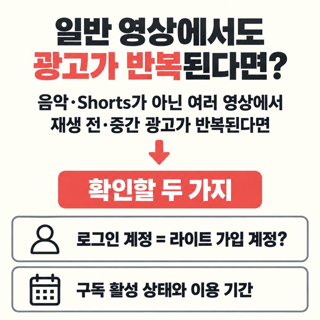 일반 영상에서 광고가 반복되면 가입 계정을 확인한다