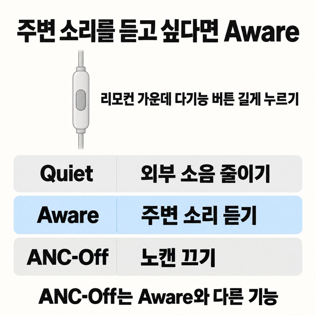 주변 소리를 듣고 싶으면 가운데 버튼을 길게 누른다