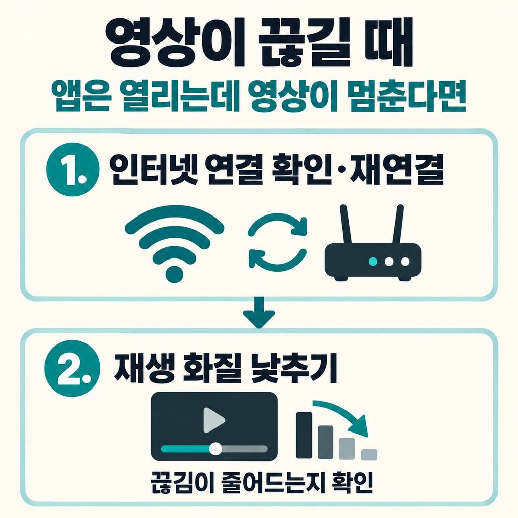 영상이 끊기면 인터넷 연결과 화질을 살핀다