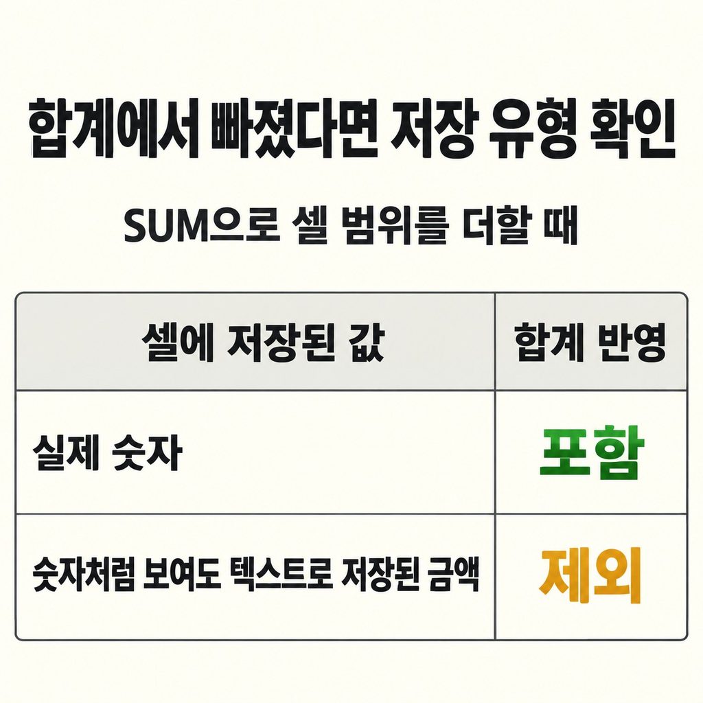 합계에서 빠진 금액은 숫자 형식을 확인한다