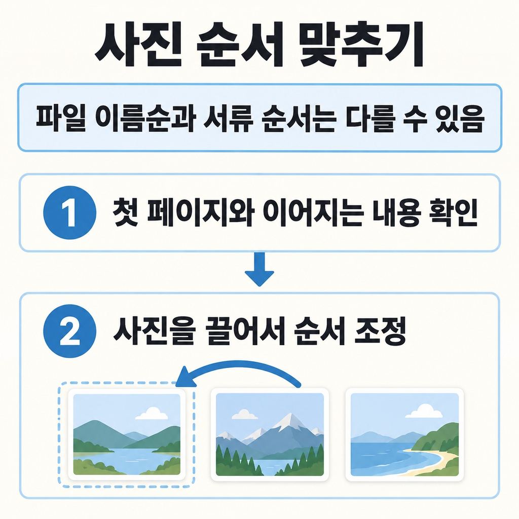 사진 올리고 첫 장부터 순서 맞추기