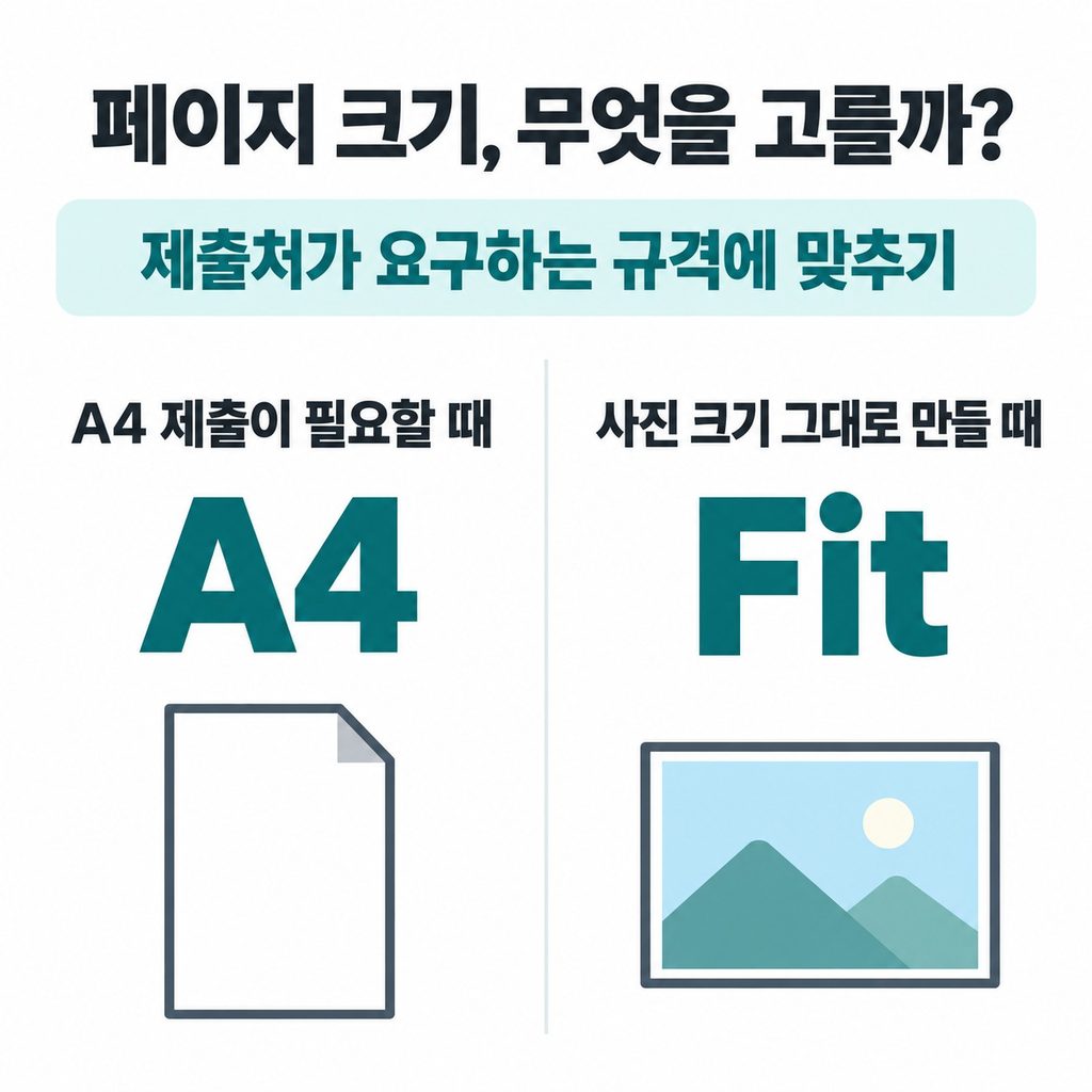 A4에 맞출지 사진 크기 그대로 쓸지