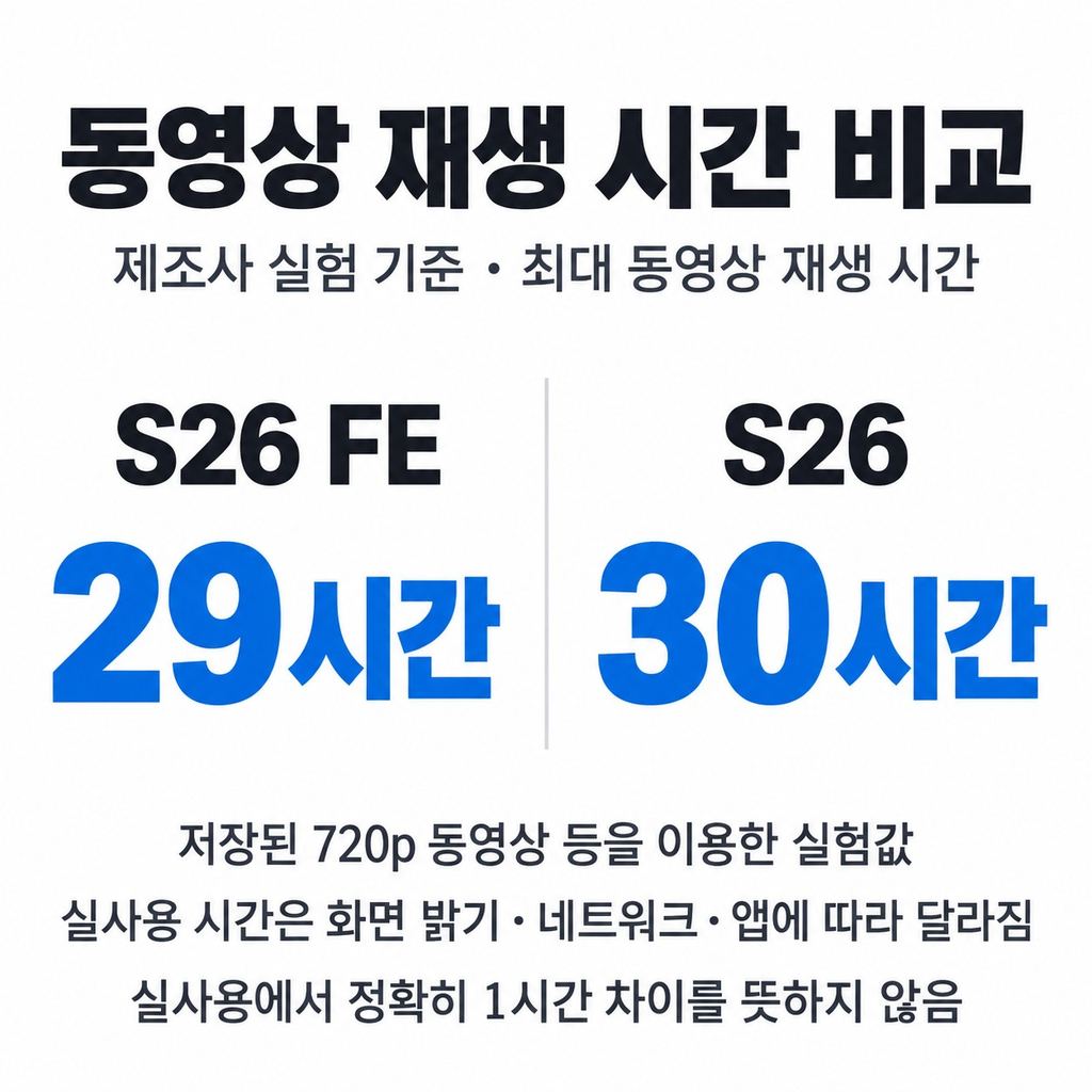 배터리 용량은 FE가 크지만, 재생 시간은 S26이 길다